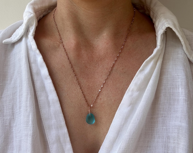 Cultured Sea Glass Necklace, Beach Jewelry, Stainless Steel Chain, Gold Rose Silver