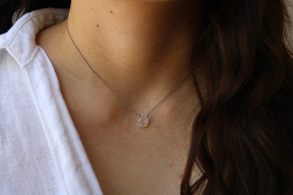 Silk cord moonstone drop necklace. Tiny gemstone necklace. Blue fire flash rainbow moonstone necklace. Floating necklace.