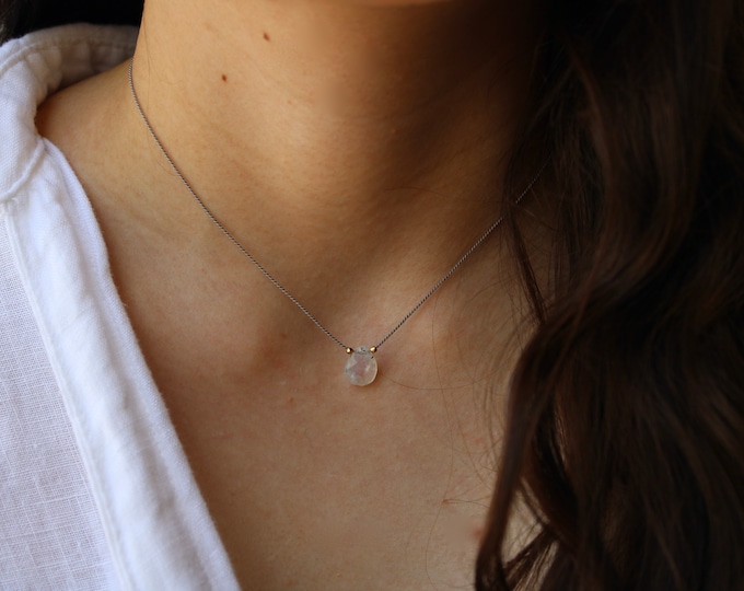 Silk cord moonstone drop necklace. Tiny gemstone necklace. Blue fire flash rainbow moonstone necklace. Floating necklace.