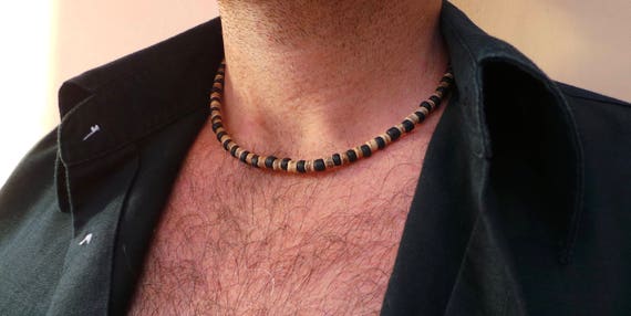 Mens beaded necklace. Mens heishi necklace. Surfer style necklace. Coconut and black necklace. Mens wood bead and stone heishi necklace.