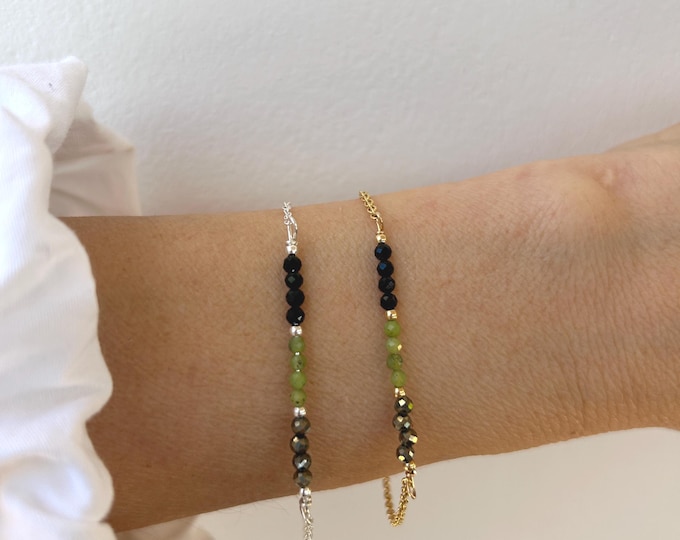 Abundance bracelet. Black tourmaline, green jade and pyrite bracelet. Gold , silver, rose gold chain.