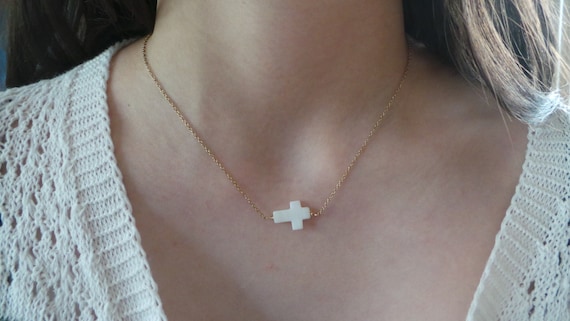 Mother of pearl cross necklace. Horizontal cross. Sideways cross layering necklace. Dainty cross necklace. Gold, silver, rose gold chain.