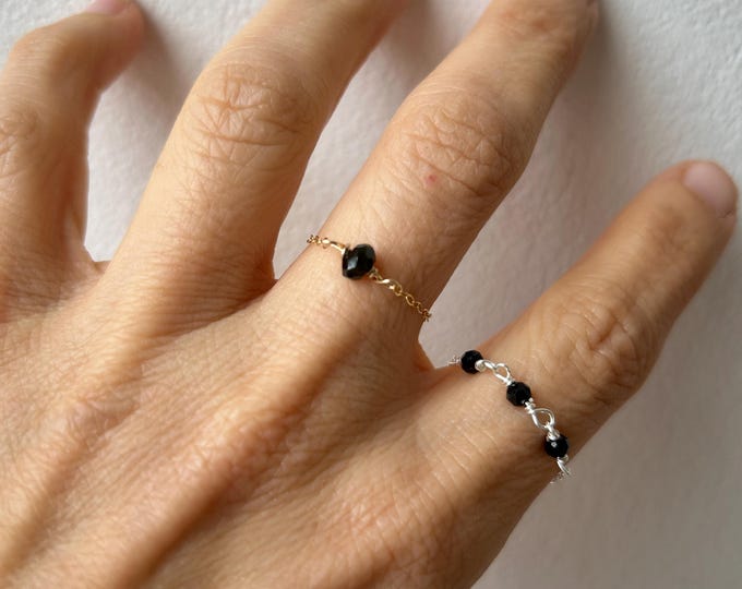 Tourmaline ring. Black tourmaline ring. Gold chain ring. Sterling silver chain ring. Soft ring. Empath protection. October birthstone