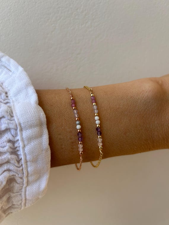Emotional balance/self love. Calming crystals. Rose quartz, amethyst, howlite, blue lace agate, pink tourmaline. Gold filled/sterling silver