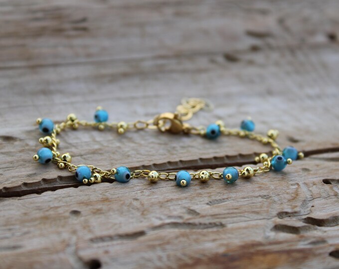 Evil eye link chain bracelet. 18k gold plated brass evil eye drop chain.