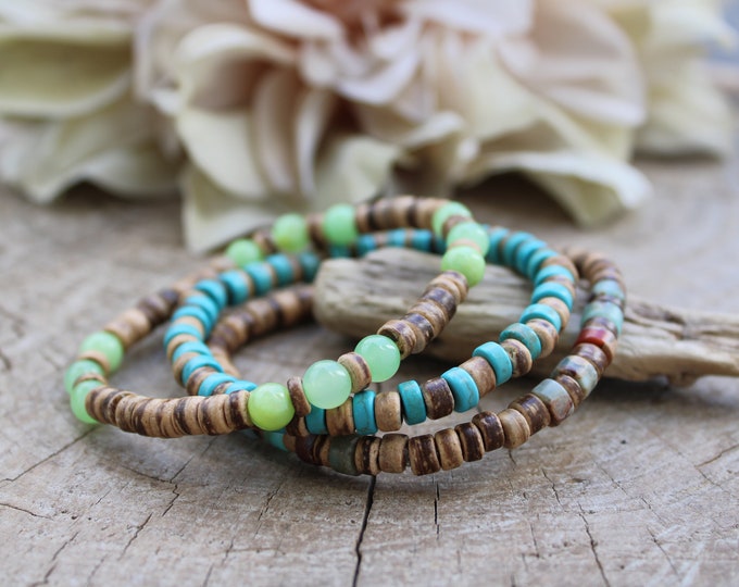 Mens Beaded Bracelet. Coconut heishi and turquoise, jade  & Jasper. Surfer style bracelet.