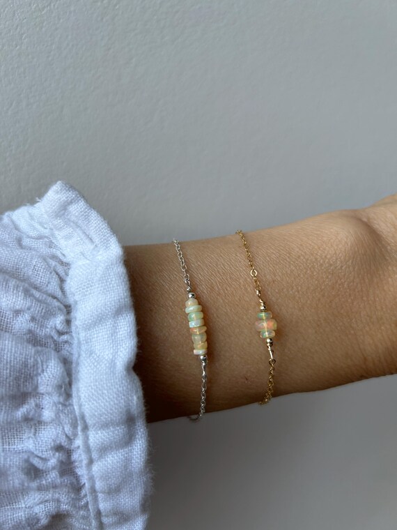 Opal bracelet. Fire opal bracelet. October birthstone bracelet. Gold, silver, rose gold chain.