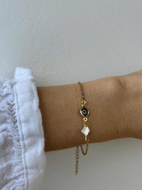 Gold Filled Evil Eye Bracelet: Mother of Pearl Four Leaf Clover. Bracelet for luck and protection. Gold and silver stainless steel.