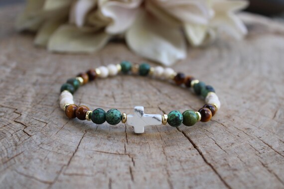 Men's Gemstone Cross Bracelet: Howlite, African Turquoise, Tiger's Eye. Beaded bracelet. Stretch cord. 6mm beads.