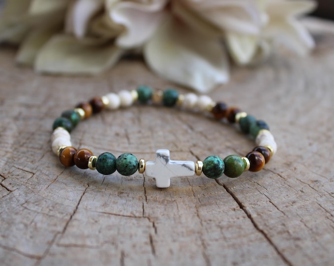 Mens Gemstone Cross Bracelet: Howlite, African Turquoise, Tiger's Eye. Beaded bracelet. Stretch cord. 6mm beads.