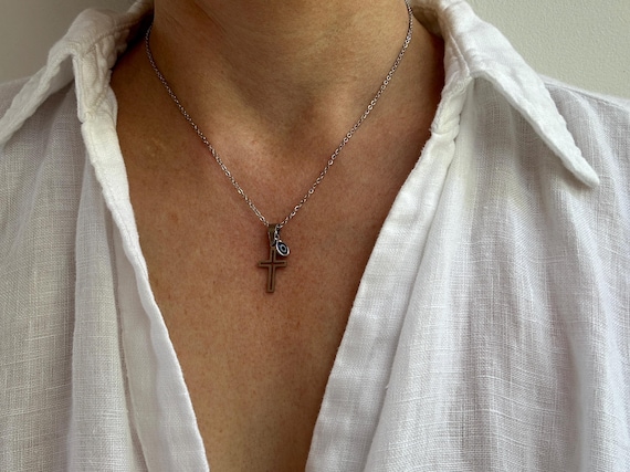 Silver cross and evil eye necklace. Stainless steel cross pendant with evil eye charm. Protection necklace.