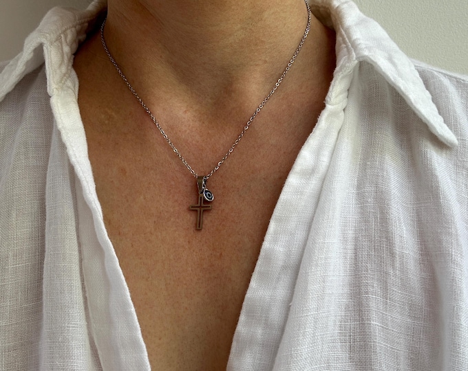 Silver cross and evil eye necklace. Stainless steel cross pendant with evil eye charm. Protection necklace.