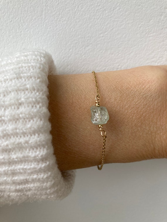 Raw aquamarine nugget bracelet.  Aquamarine bracelet. Aquamarine crystal bracelet, March birthstone. Gold , silver, rose gold chain.