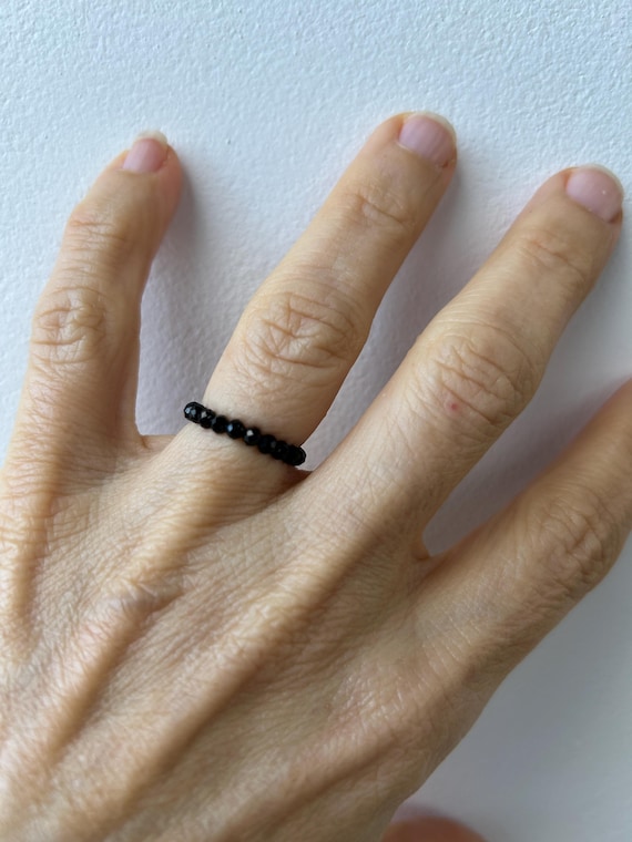 Black Tourmaline ring. Beaded black tourmaline stretch ring. Elastic ring.