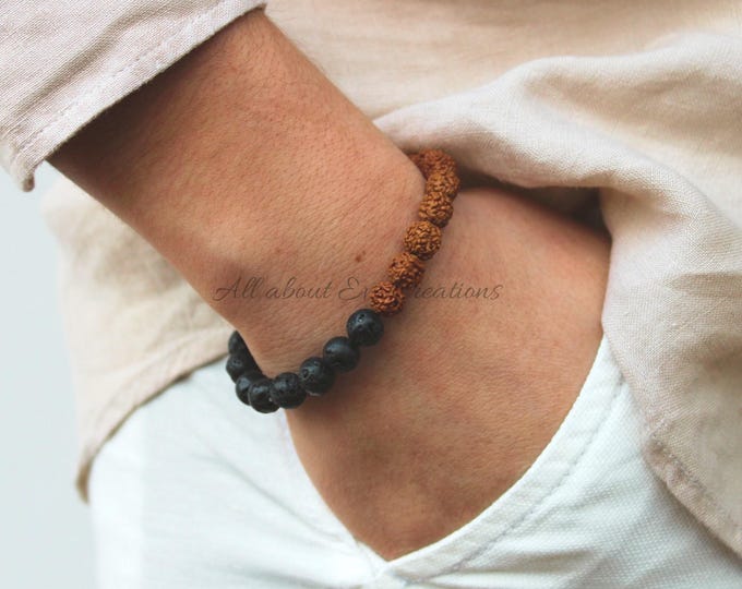 Rudraksha Lava Rock Mala Bracelet, Protection Grounding Stress Relief, Men's Beaded Jewelry. 8mm beads.