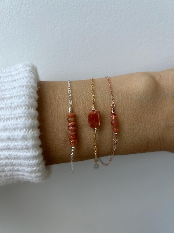 Sunstone bracelet.  Sunstone nugget bracelet. Sunstone bar bracelet. Joy and optimism. Gold, silver, rose gold chain.