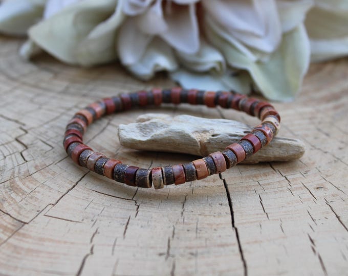 Mens beaded bracelet. Surfer style bracelet.  Jasper Bracelet with coconut heishi beads.
