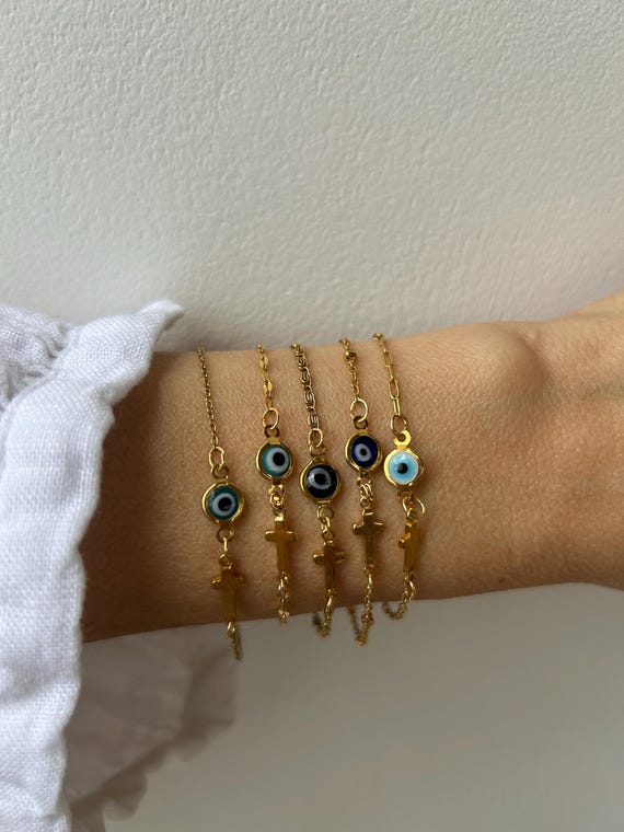 Sideways cross and evil eye bracelet. Evil eye bracelet. Sideways cross bracelet. Greek mati and cross bracelet. Protection.
