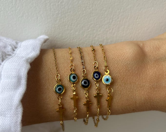 Evil eye bracelet with sideways cross. Greek mati and cross bracelet. Protection.