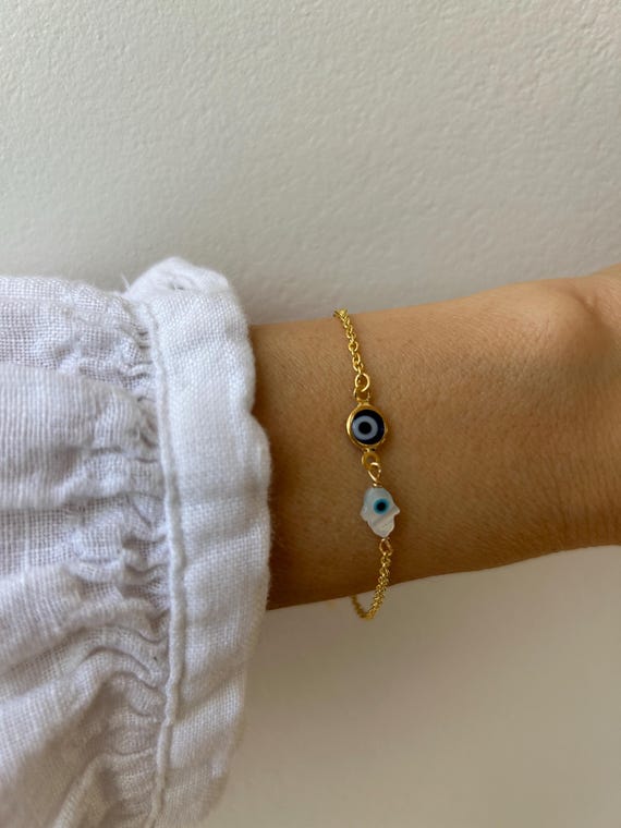 Gold filled evil eye bracelet with hamsa. Protection bracelet. Mother of pearl hamsa and evil eye bracelet. Hand of Fatima.