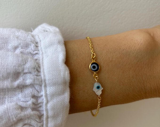Gold filled evil eye bracelet with hamsa. Protection bracelet. Hand of Fatima. Gold, silver stainless steel chain.