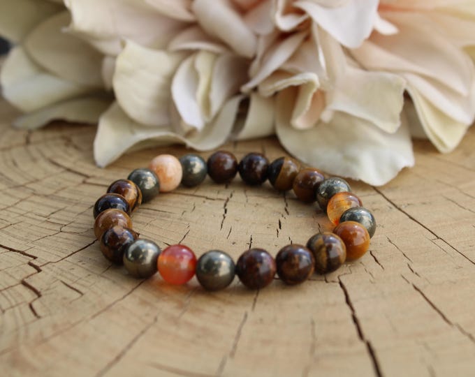 Abundance Bracelet: Carnelian, Pyrite, Tiger's Eye, Bronzite. Stretch cord. 8mm beads. Unisex