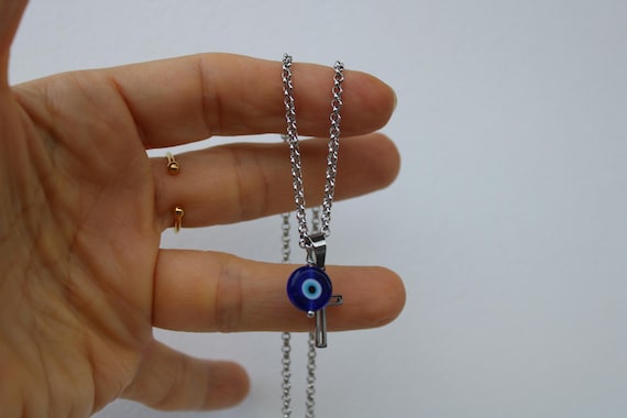 Mens cross and evil eye necklace. Mens crucifix. Mens stainless steel cross and evil eye necklace. Cross pendant. Religious jewellery.