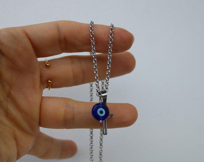 Mens cross and evil eye necklace. Mens crucifix. Mens stainless steel cross and evil eye necklace. Cross pendant. Religious jewellery.