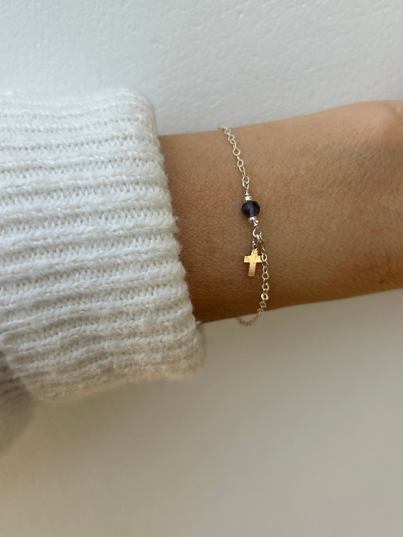 Tiny cross and birthstone bracelet . Gold filled/sterling silver  cross bracelet. Tiny cross and gemstone bracelet.