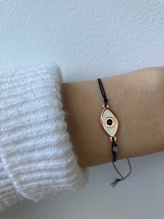 Evil eye bracelet. Dainty evil eye bracelet. Rose gold evil eye  bracelet. Macrame evil eye bracelet. Adjustable bracelet.Stacking bracelet.