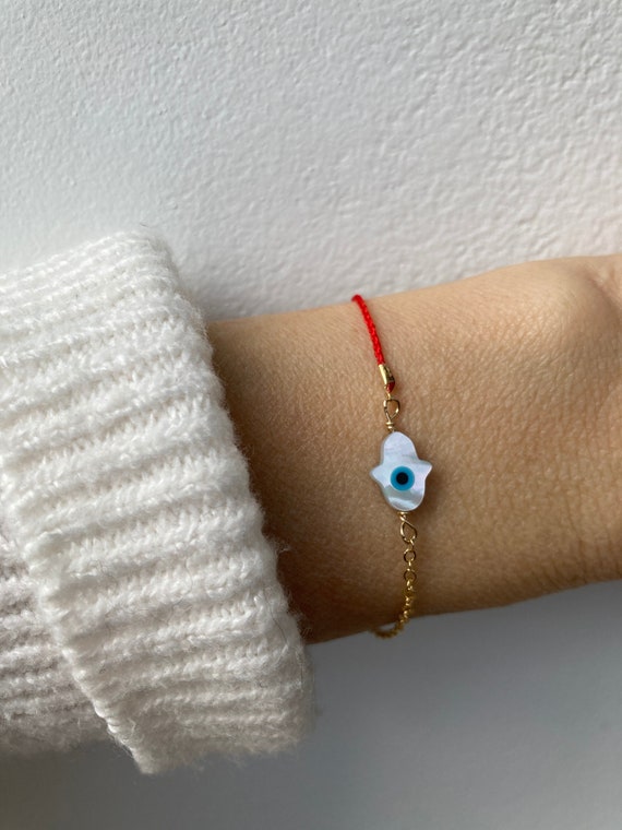 Red string evil eye hamsa bracelet. Red string of fate bracelet. Evil eye bracelet. Hamsa bracelet. Gold filled.