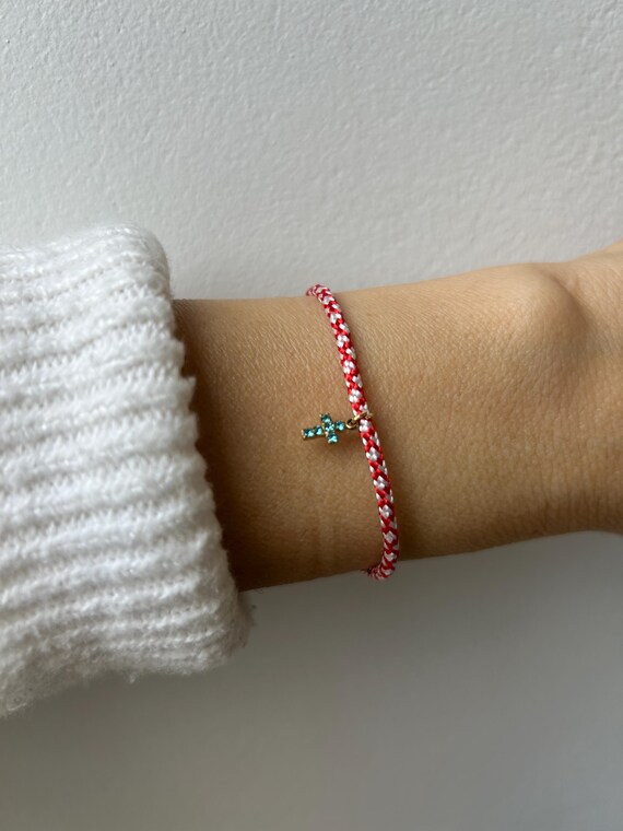Greek March bracelet. Martis bracelet.   Red and white string bracelet with tiny cross. Cord bracelet with cross.