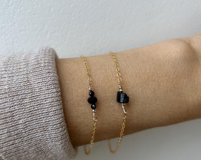 Black tourmaline bead bar bracelet. Dainty tourmaline bracelet.  October birthstone. Empath protection.
