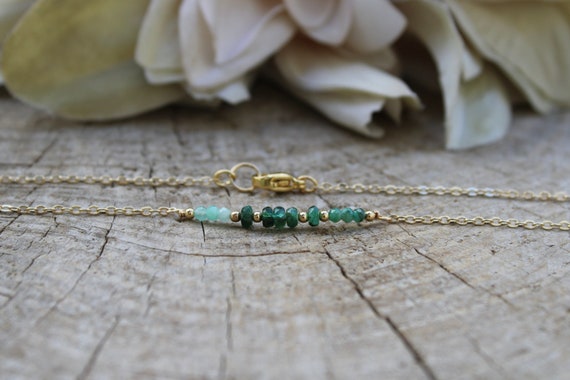 Emerald beaded bar necklace.  Ombre emerald necklace.  May birthstone. Gold filled/rose gold filled/sterling silver. Green gemstones