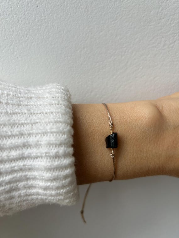 Black tourmaline cord bracelet.  Empath protection string bracelet. Raw tourmaline cord bracelet.