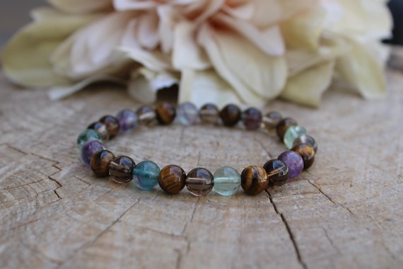Tiger's eye, rainbow fluorite and smoky quartz bracelet. Stretch bracelet. Energy bracelet . Abundance and protection.(8mm)