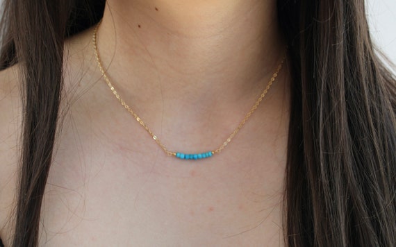 Genuine turquoise beaded bar necklace. Gold filled/sterling silver turquoise necklace. Turquoise gemstone bar necklace.