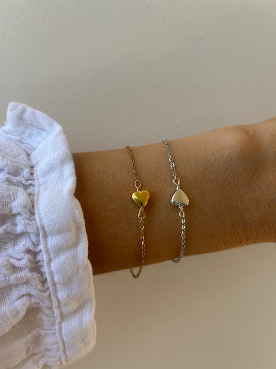 Tiny heart bracelet. Puffy heart bracelet. Gold /silver stainless steel chain bracelet.