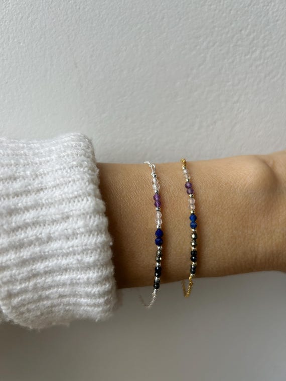 Empath protection bracelet.Clear quartz, amethyst, rose quartz, lapis lazuli, pyrite, black tourmaline, hematite.Gold filled,sterling silver
