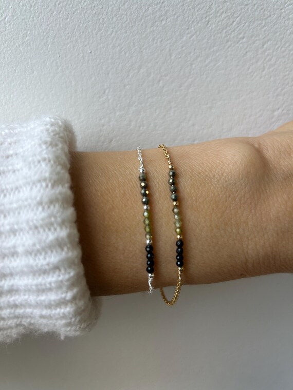 Black tourmaline, green jade and pyrite bracelet. Multi gemstone bracelet. Bead bar bracelet. Abundance,  protection and block negativity.