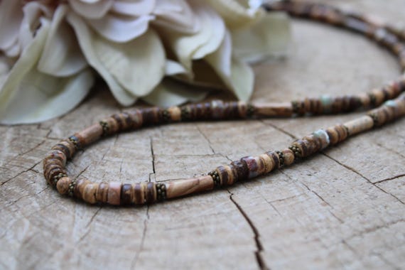 Mens beaded necklace. Mens necklace. Surfer style necklace. Mens coconut necklace. Mens picture jasper necklace.