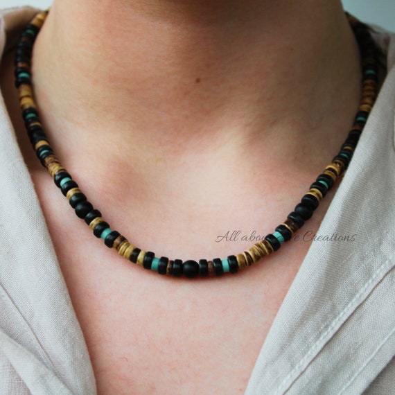 Mens turquoise and black coconut necklace. Beaded necklace for men. Surfer style necklace.