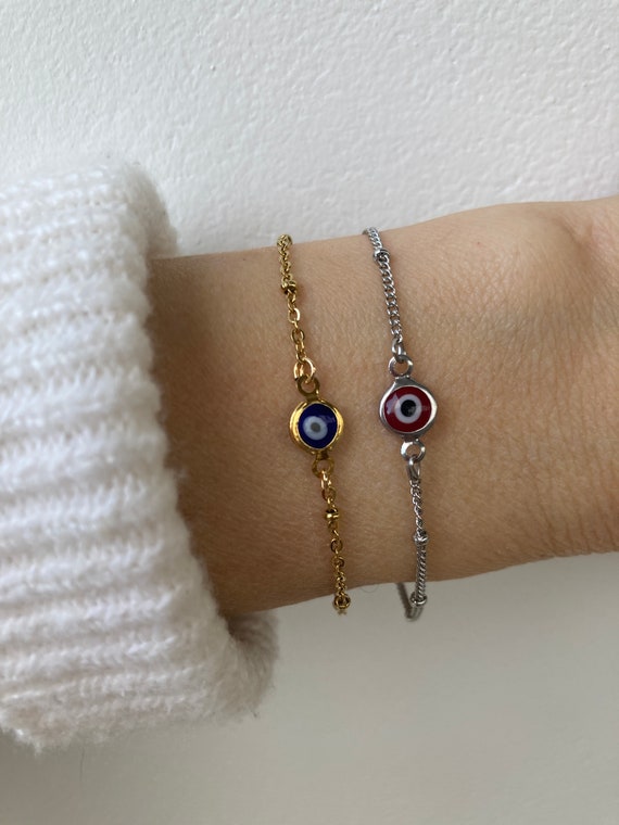 Evil eye bracelet. Evil eye chain bracelet. Simple evil eye bracelet.  Greek mati bracelet.  Protection bracelet. Gold, silver chain