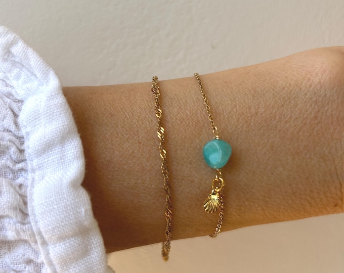 Amazonite and shell bracelet. Singapore twist chain bracelet.  Set of two. Gold, silver.