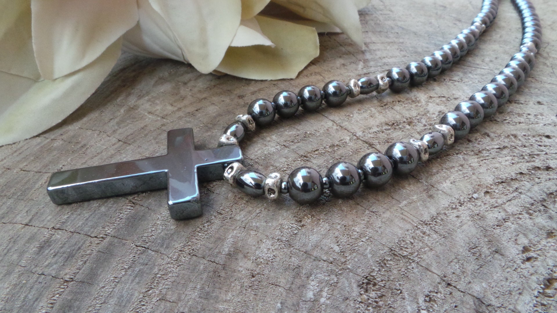 Mens cross necklace. Mens beaded cross necklace. Mens necklace. Mens beaded necklace. Hematite cross. Crucifix. Religious jewellery