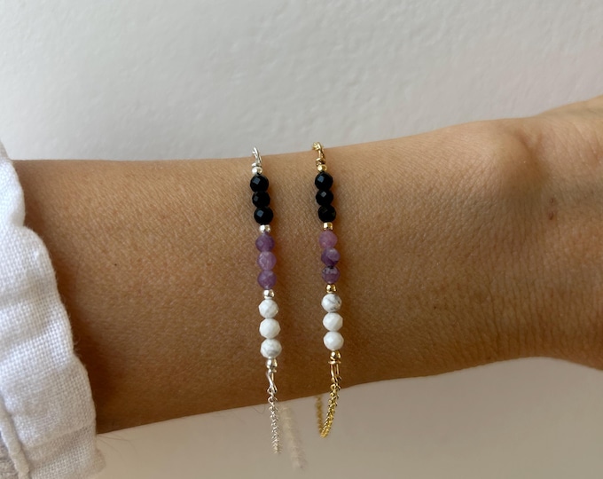 Black tourmaline, lepidolite, and howlite  bracelet. Empath protection and hormonal balance support bracelet. Gold filled/sterling silver