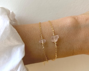 Raw Rose Quartz Nugget Bracelet, Silver Rose Gold Chain, Heart Stone