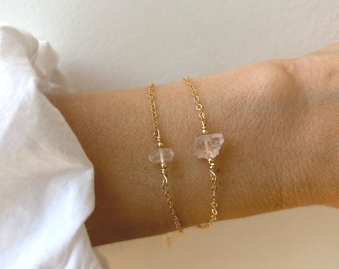 Raw Rose Quartz Nugget Bracelet, Silver Rose Gold Chain, Heart Stone