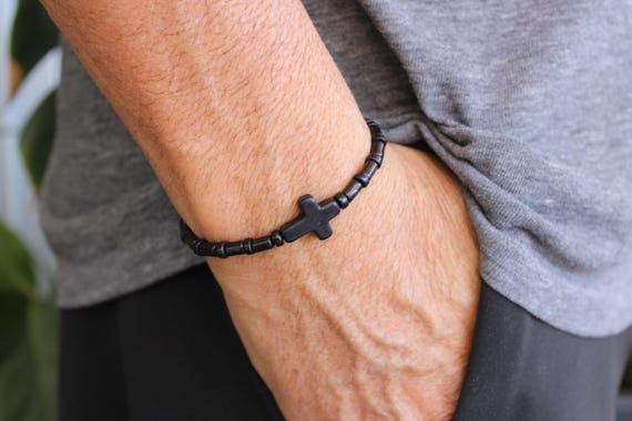 Mens Black Stone Cross Bracelet: Beaded Stretch Cord Design. Sideways cross bracelet for men. 4mm beads.