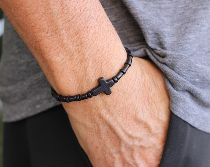 Mens Black Stone Cross Bracelet: Beaded Stretch Cord Design. Sideways cross bracelet for men. 4mm beads.